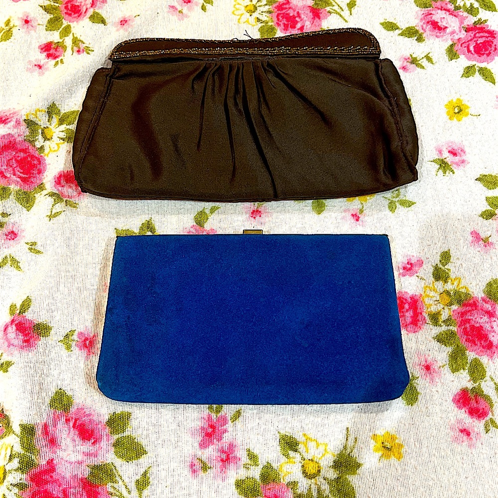 2 Retro purses. Blue velvet clutch purse & brown satin bronze beaded purse.